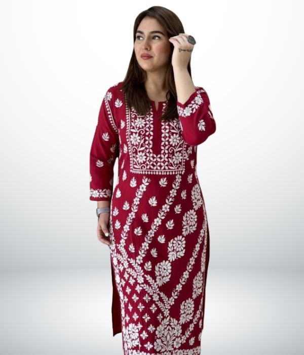 ANAYA Red Lucknowi Chikankari Heavy Modal Kurti