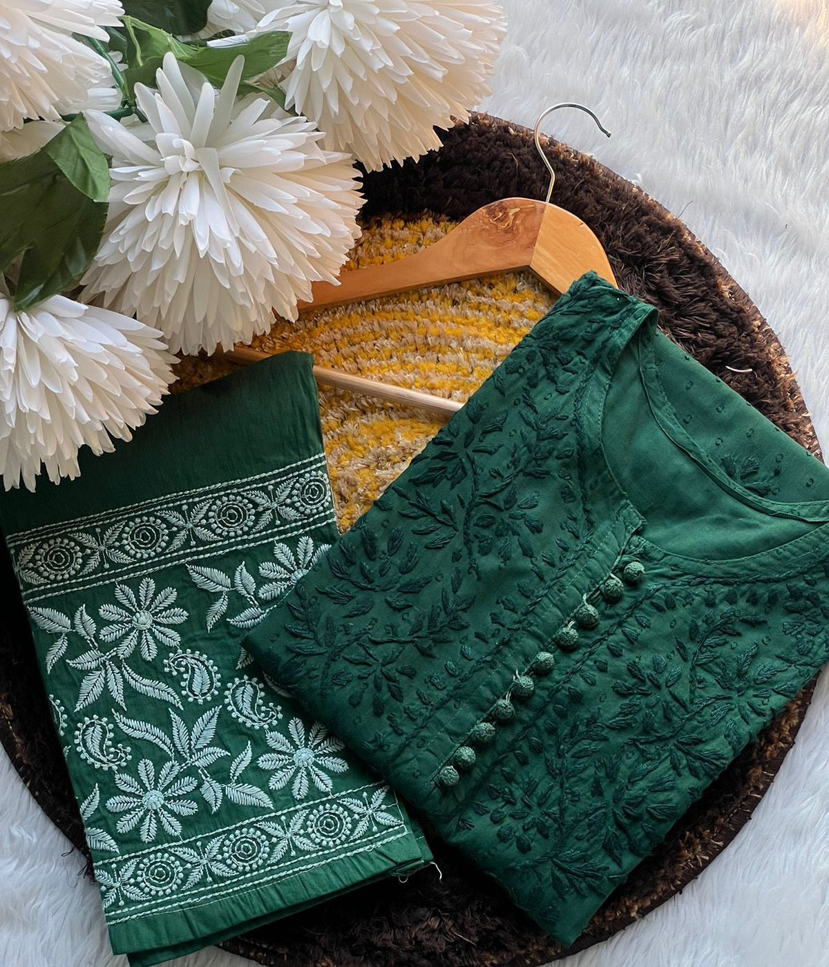 PARI Bottle Green Cotton Dobby Chikankari Kurta Pant Set