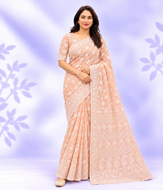 CHITRA Viscose Lucknowi Chikankari Saree with Pearl Work Sequence cut daana | Dyeable in Your Choice of Colour