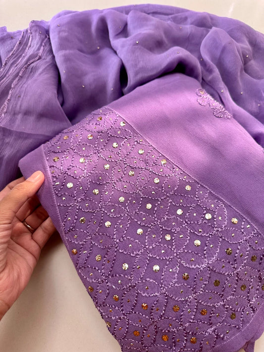 SITARA Deep Lavender Pure Viscose Georgette Chikankari Kaamdani suit Set