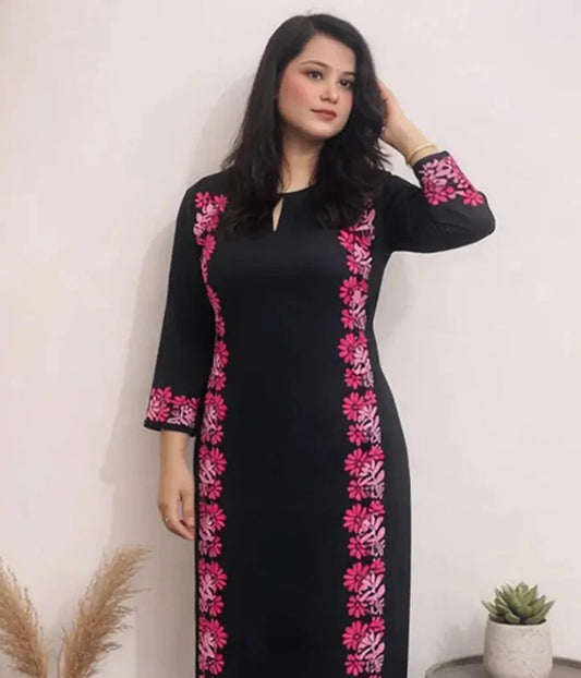 SAKSHI Luxe Modal Chikankari Kurti with Pink Hand Embroidered Floral Work