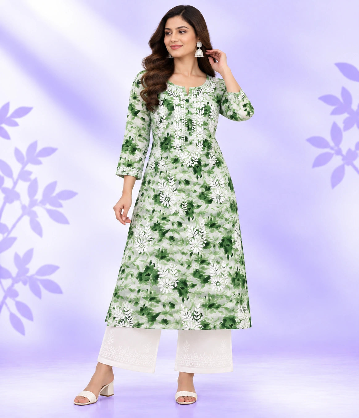 NISHU Premium Mulmul Printed Lucknowi Chikankari Kurta Pant Set for Women