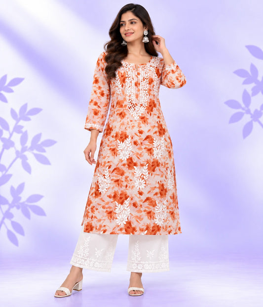 NISHU Premium Mulmul Printed Lucknowi Chikankari Kurta Pant Set for Women