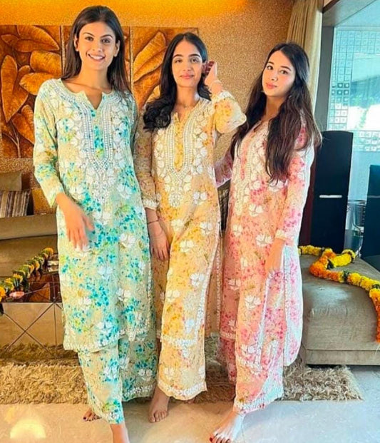 ISHANI Mulmul Cotton Printed Green Chikankari Kurta Palazzo Set