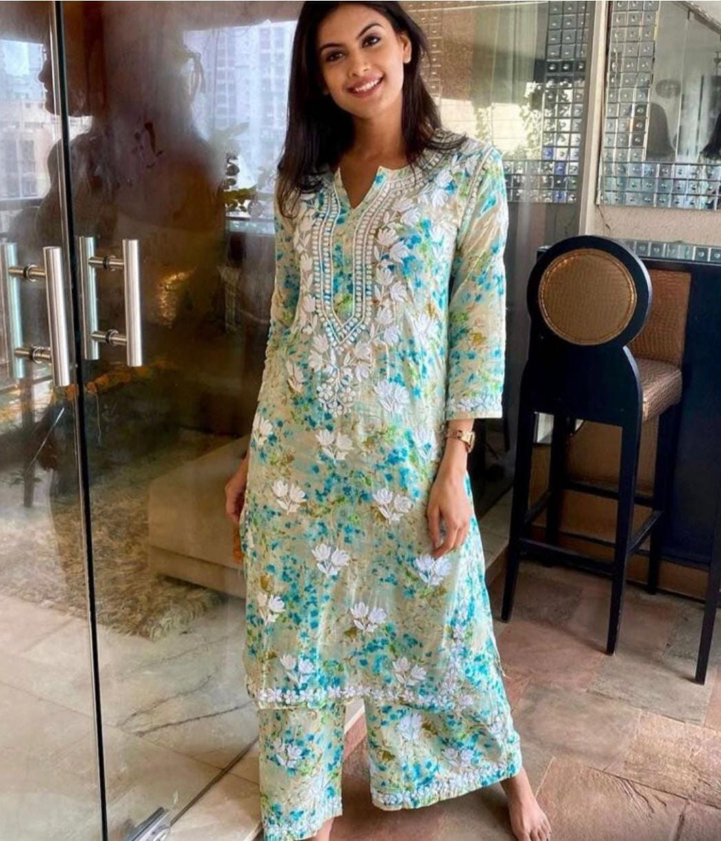ISHANI Mulmul Cotton Printed Green Chikankari Kurta Palazzo Set