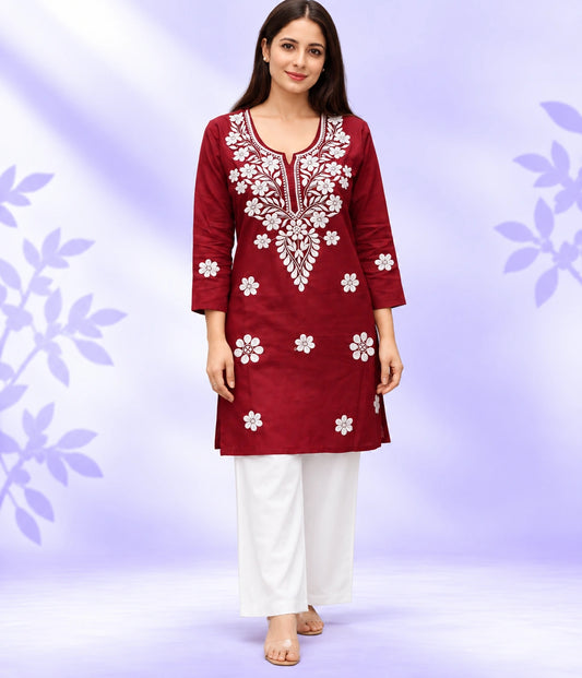 TRISHA Short Rayon Machine Chikankari Kurti | Embroidered Short Kurti