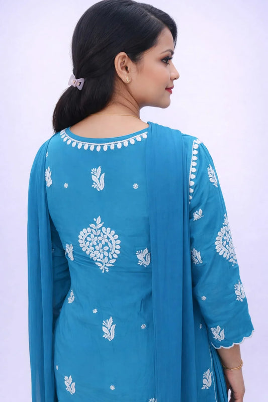 ANIKA SKY BLUE PURE CREPE 3-PIECE KURTI PALAZZO SET WITH CHIFFON DUPATTA