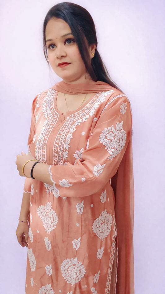 ANIKA Pure Crape Dyeable 3pcs Chikankari Kurti Palazzo set