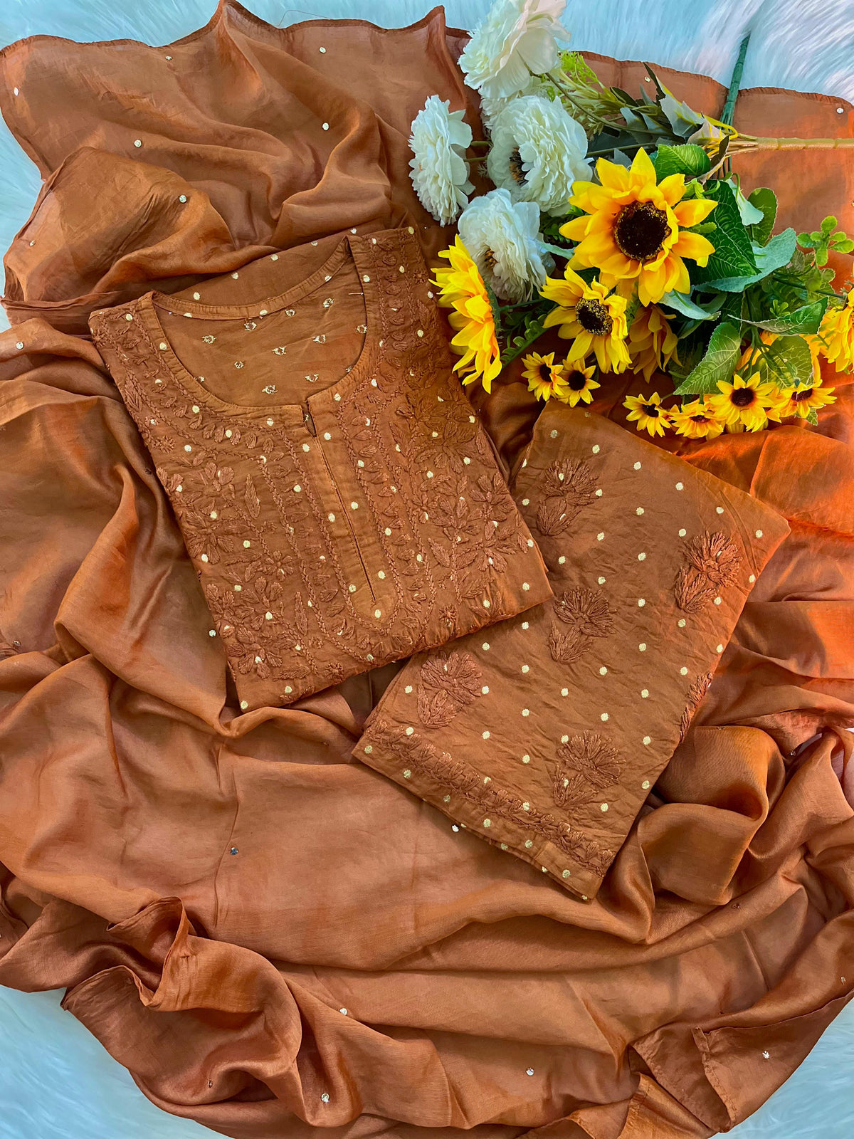 KRIPA Pure Chanderi Silk Chikankari Kurta Palazzo Set with Dupatta Golden Mukaish Work