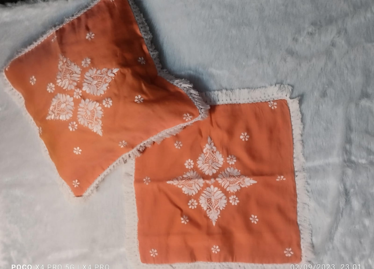 DEVI Orange Chanderi Chikankari Cusion Cover With Runner