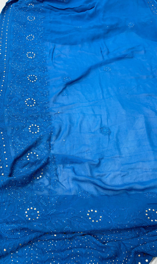 PAHEL Blue Pure Viscose Chikankari Saree With Golden Mokaish Work