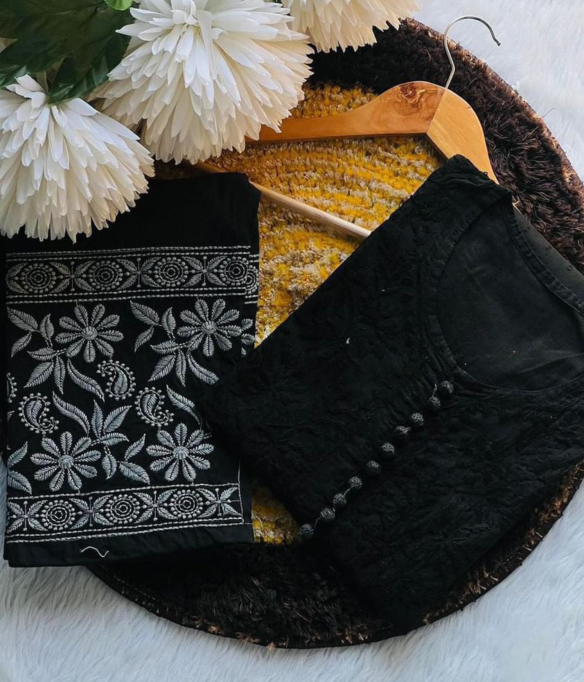 PARI Black Cotton Dobby Chikankari Kurta Pant Set