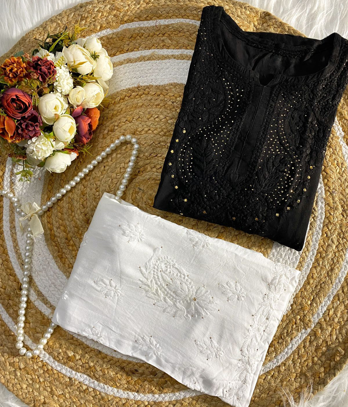 ANAMIKA Black Modal Silk Mokaish Chikankari Kurta Palazzo Set