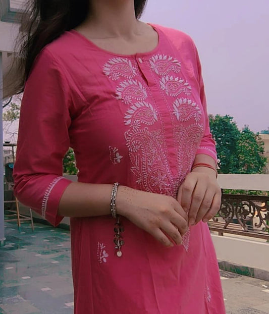 NIHARIKA Pink South Cotton Chikankari A-Line Long Kurta