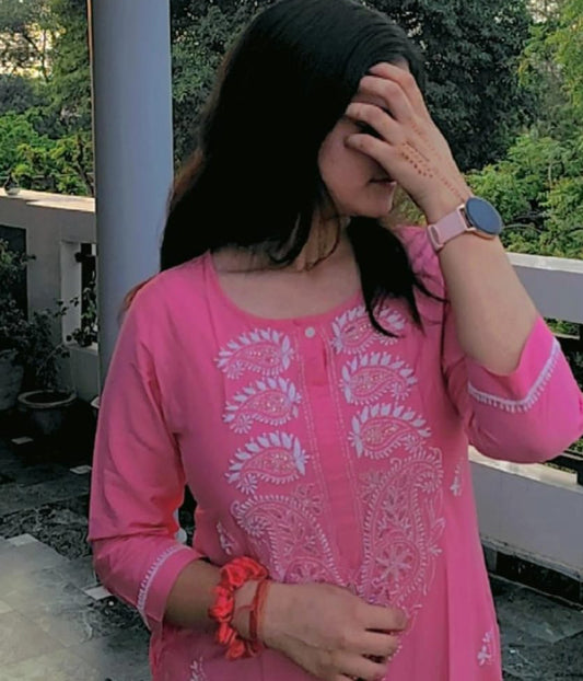 NIHARIKA Pink South Cotton Chikankari A-Line Long Kurta