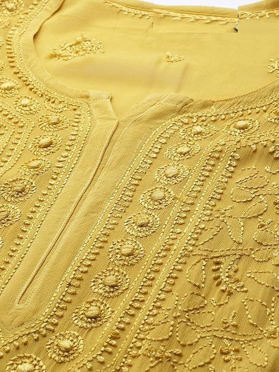 SONAM Yellow Pure Viscose Resham Thread Chikankari Kurta