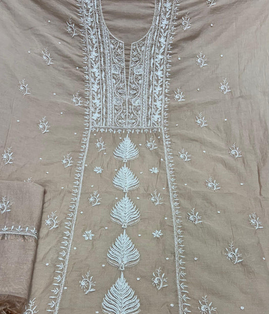 ADITI Beige Pure Mulmul Chikankari Kurta Dupatta Set