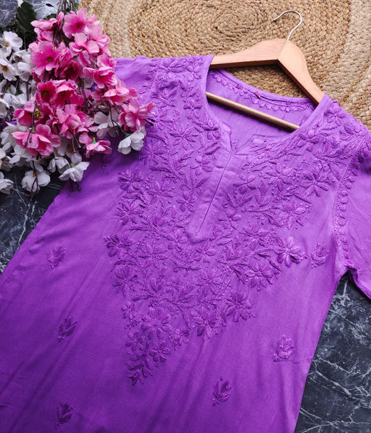 VIDHISHA Lilac Rayon Chikankari Kurti-Elegant Lucknowi Chikankari for Women