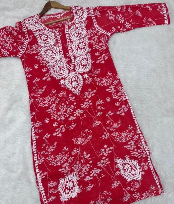 NISHA Red Mulmul Printed Chikankari Long Kurta