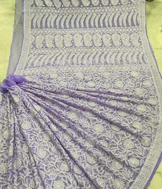 ZIA Purple Georgette Chikankari Saree With Blouse