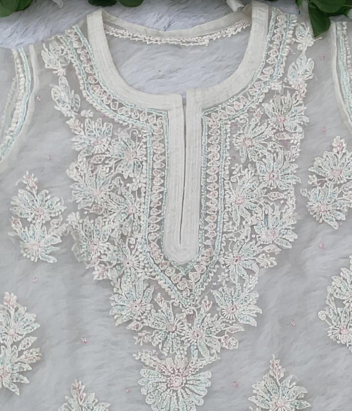 AMBA White Organza Chikankari Kurta for Women