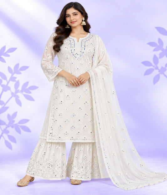MAHI Mirror Work Lucknowi Chikankari Sharara Set with Dupatta – 3 Piece