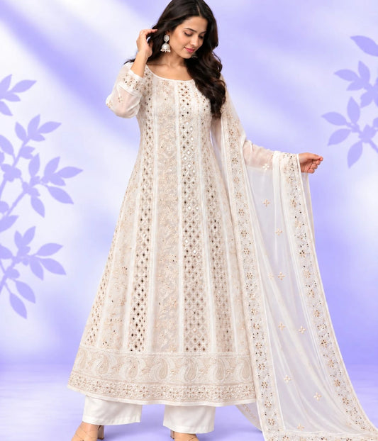 ANU Viscose Georgette Chikankari Anarkali with Dupatta – Gota Patti, Mirror & Kasab Work, Dyeable