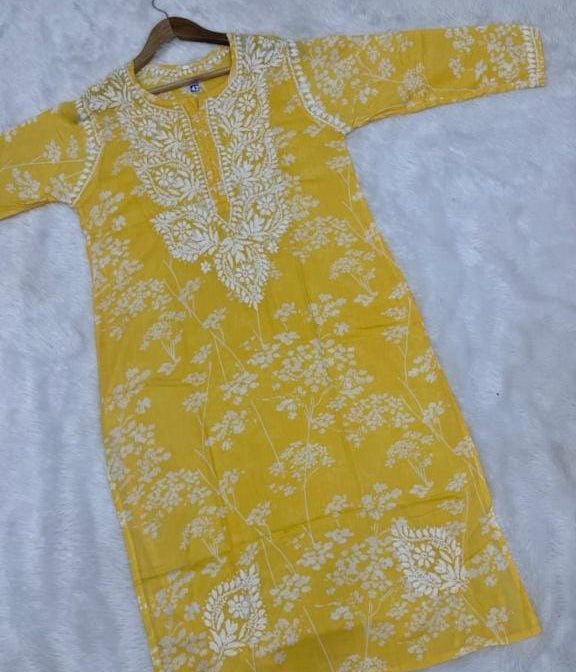 NISHA Yellow Mulmul PrintedChikankari Long Kurta
