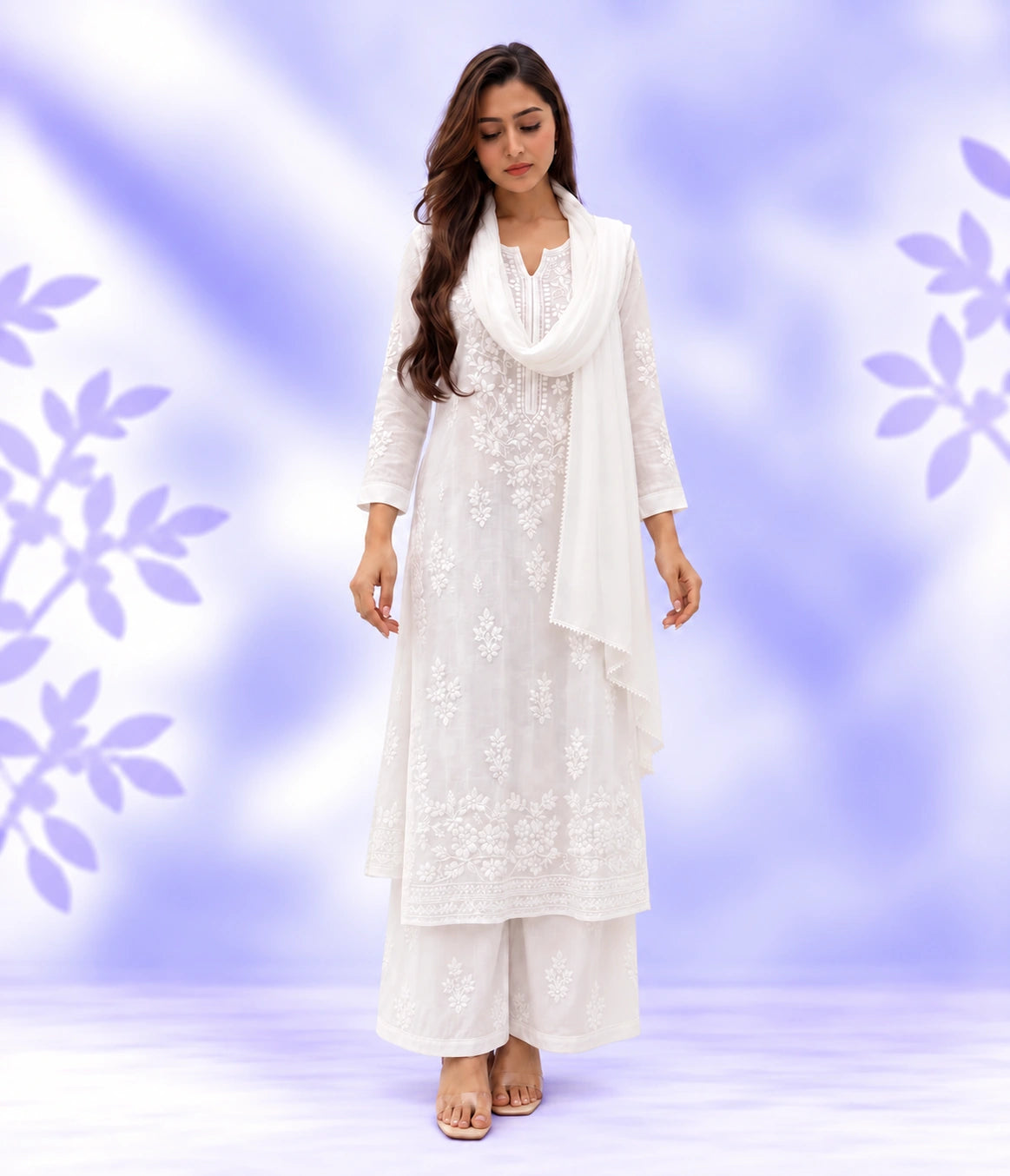 YASHREE White Modal Silk Chikankari Kurta Palazzo Set | Dyeble