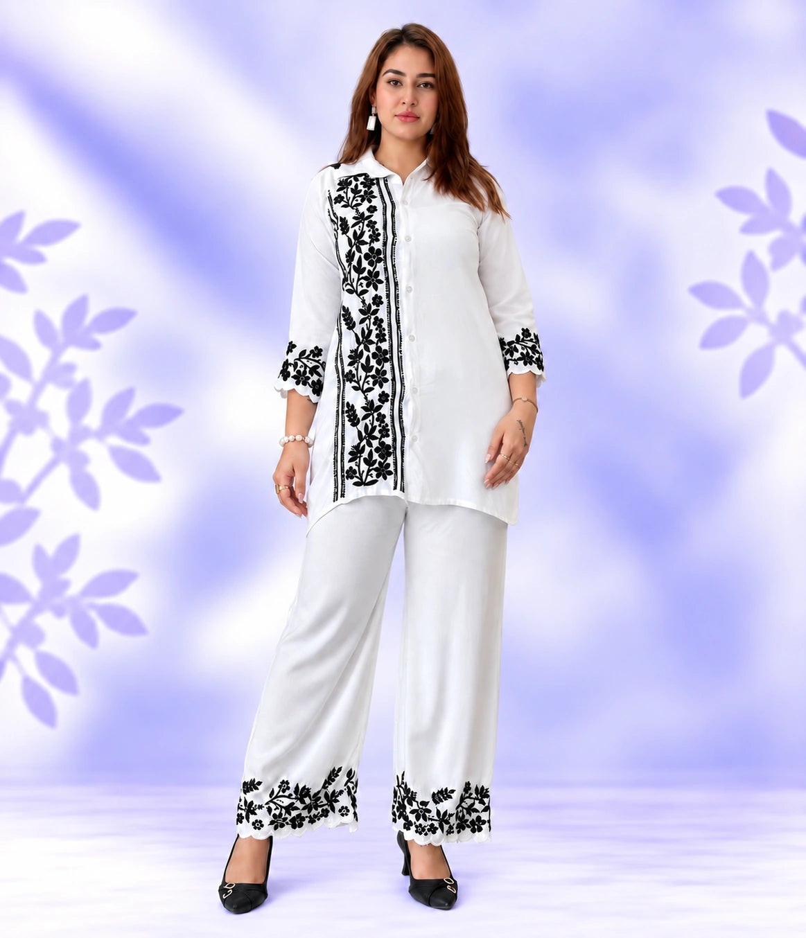 ROSHNI White & Black Modal Chikankari Co-ord Set