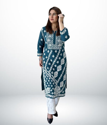 ANAYA Blue Lucknowi Chikankari Heavy Modal Kurti