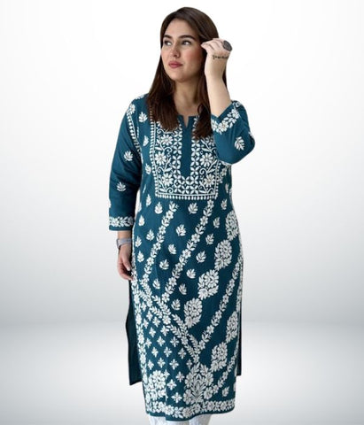 ANAYA Blue Lucknowi Chikankari Heavy Modal Kurti