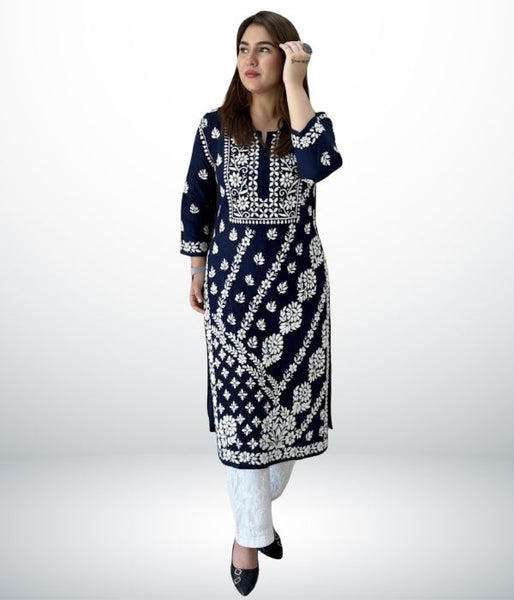 ANAYA Navy Blue Lucknowi Chikankari Heavy Modal Kurti