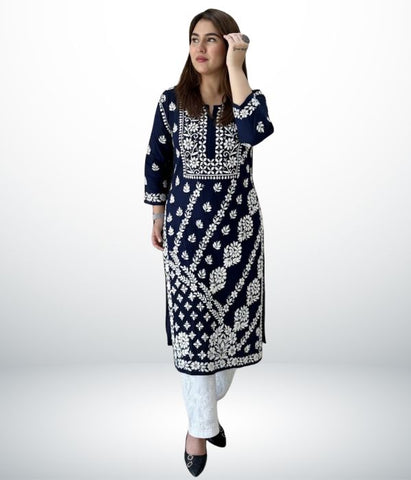 ANAYA Navy Blue Lucknowi Chikankari Heavy Modal Kurti