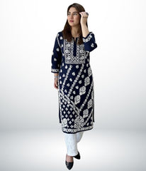 ANAYA Navy Blue Lucknowi Chikankari Heavy Modal Kurti