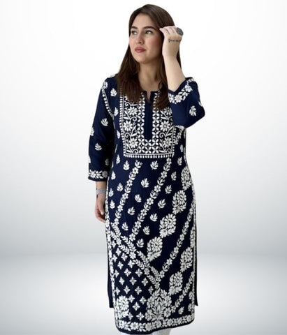 ANAYA Navy Blue Lucknowi Chikankari Heavy Modal Kurti