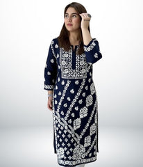 ANAYA Navy Blue Lucknowi Chikankari Heavy Modal Kurti