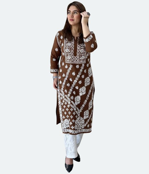 ANAYA Brown Lucknowi Chikankari Heavy Modal Kurti