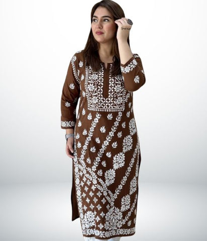 ANAYA Brown Lucknowi Chikankari Heavy Modal Kurti