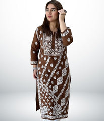 ANAYA Brown Lucknowi Chikankari Heavy Modal Kurti