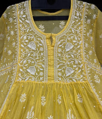 KALA Yellow Pure Mulmul Chikankari Pearl Gown Dupatta Set