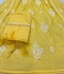 KALA Yellow Pure Mulmul Chikankari Pearl Gown Dupatta Set