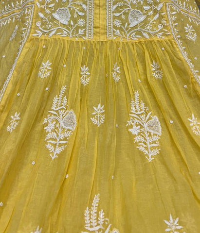 KALA Yellow Pure Mulmul Chikankari Pearl Gown Dupatta Set