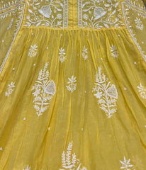 KALA Yellow Pure Mulmul Chikankari Pearl Gown Dupatta Set