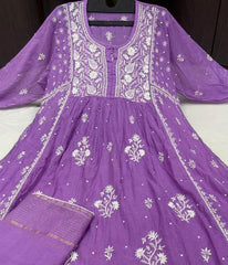 KALA Purple Pure Mulmul Chikankari Pearl Gown Dupatta Set