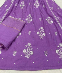 KALA Purple Pure Mulmul Chikankari Pearl Gown Dupatta Set