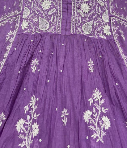 KALA Purple Pure Mulmul Chikankari Pearl Gown Dupatta Set