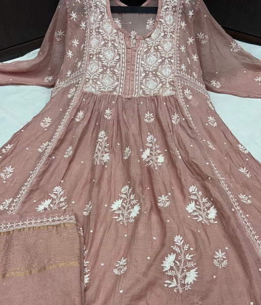KALA Rust Pure Mulmul Chikankari Pearl Gown Dupatta Set