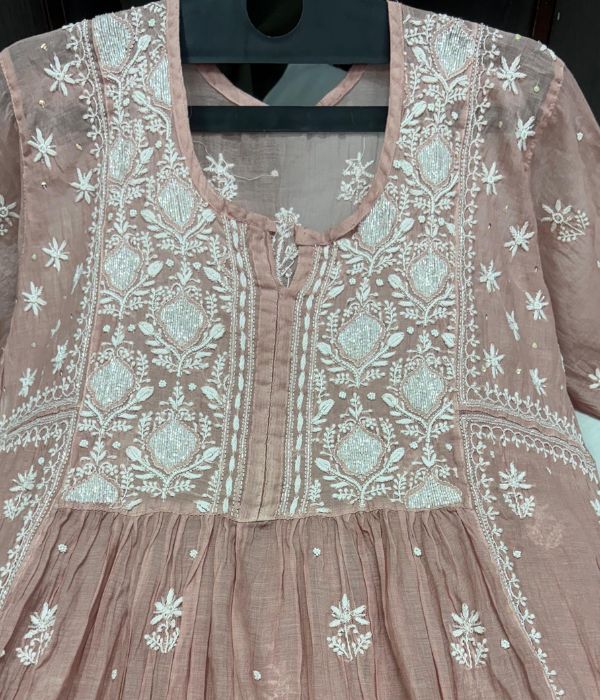 KALA Rust Pure Mulmul Chikankari Pearl Gown Dupatta Set