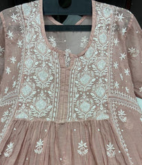 KALA Rust Pure Mulmul Chikankari Pearl Gown Dupatta Set